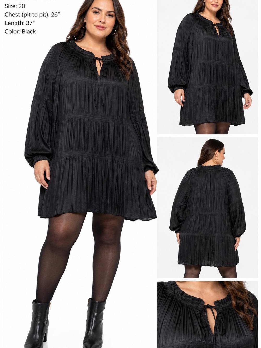 Ulla Popken Black Pleated Satin Effect Tunic Dress Size 20 Boho Minimalist